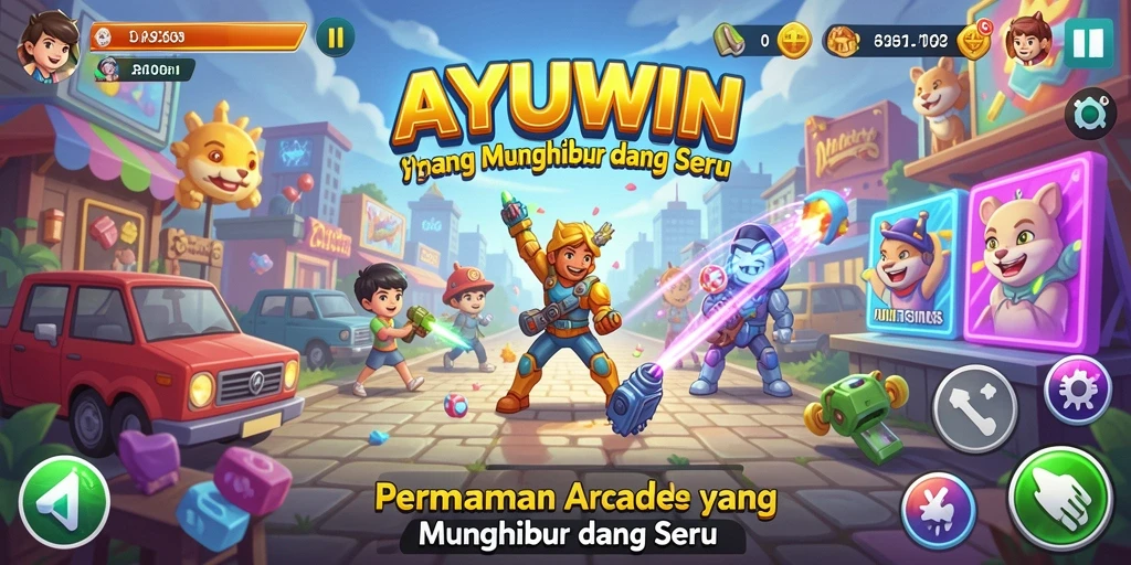 Screenshot AYUWIN menampilkan gameplay Arcade yang seru dan berwarna.