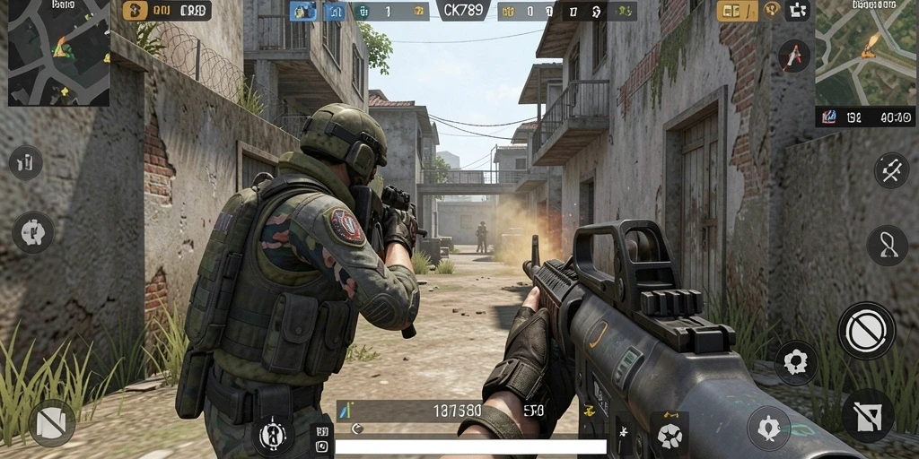 Screenshot gameplay CK789 menampilkan aksi tembak-menembak yang intens.