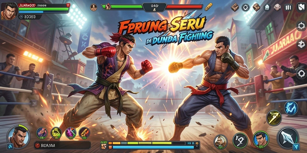 Tampilan gameplay JUARAGO yang intens dan mendebarkan dalam pertarungan Fighting.