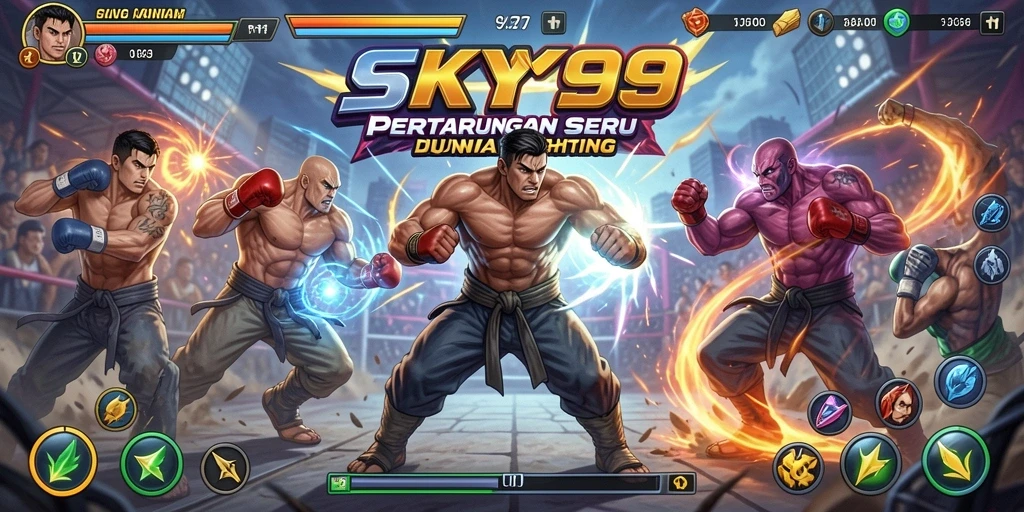 Tampilan gameplay dinamis dan karakter bertarung di arena.